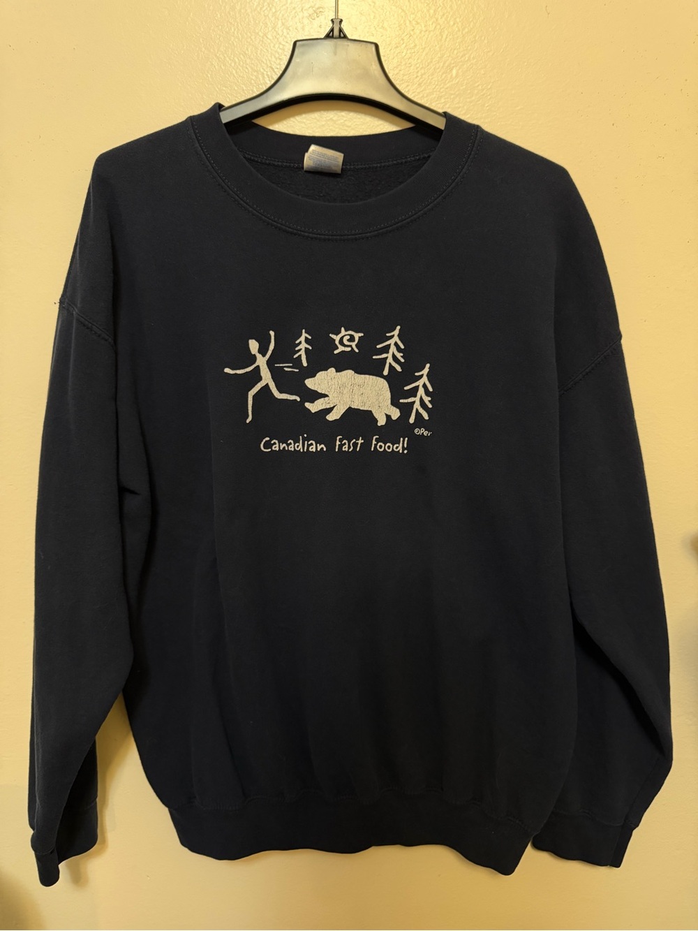 Adult Unisex Thrifted Navy Graphic Crewneck Sweatshirt - Canadian Fast Food
